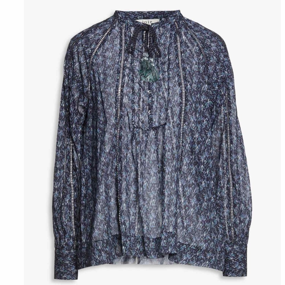 Joie Dracha Blue Cotton Blouse Long Sleeve Pullover Tasseled Top Size XS